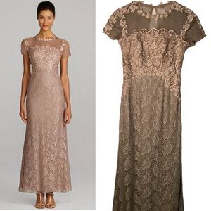 J S‎ COLLECTION LACE GOWN SIZE 4 TAN SHORT SLEEVE EVENING FORMAL DRESS.